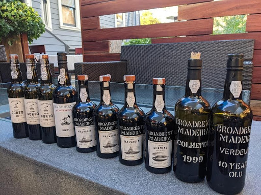 A thorough lineup of Broadbent Ports and Madeiras from a Mountain View wine tasting - photo by T.B.