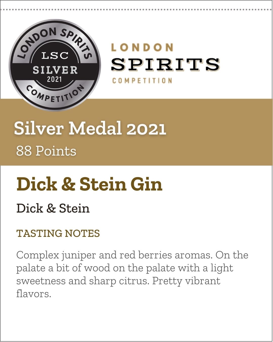 Dick & Stein Shelf Talker by 2021 London Spirits Competition